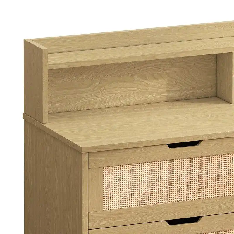 Buffet 6 tiroirs en rotin avec lumières LED et prise de courant – Blanc / Noir / Chêne