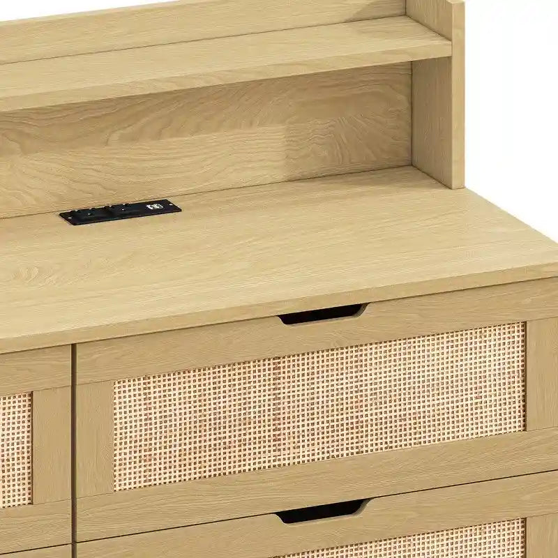 Buffet 6 tiroirs en rotin avec lumières LED et prise de courant – Blanc / Noir / Chêne