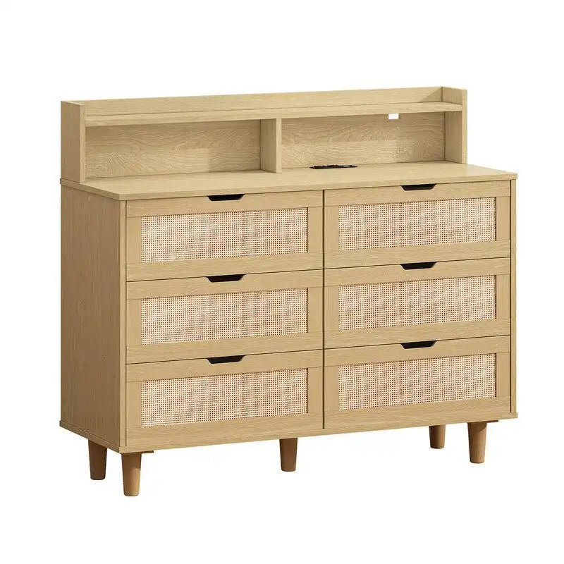 Buffet 6 tiroirs en rotin avec lumières LED et prise de courant – Blanc / Noir / Chêne