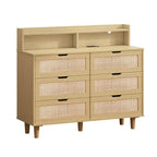 Buffet 6 tiroirs en rotin avec lumières LED et prise de courant – Blanc / Noir / Chêne