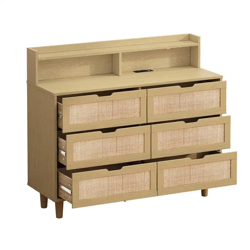 Buffet 6 tiroirs en rotin avec lumières LED et prise de courant – Blanc / Noir / Chêne