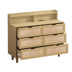 Buffet 6 tiroirs en rotin avec lumières LED et prise de courant – Blanc / Noir / Chêne