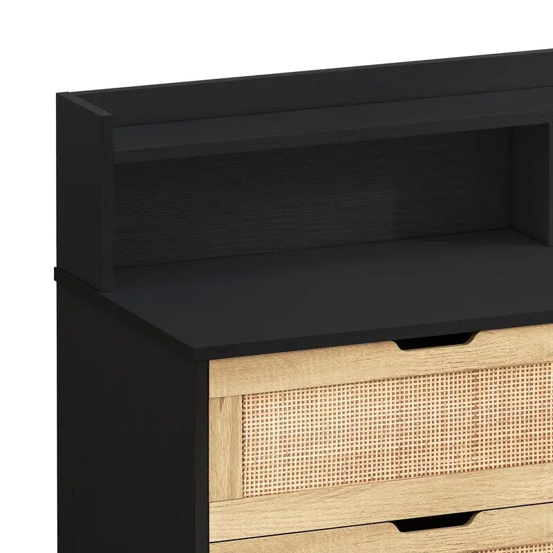Buffet 6 tiroirs en rotin avec lumières LED et prise de courant – Blanc / Noir / Chêne