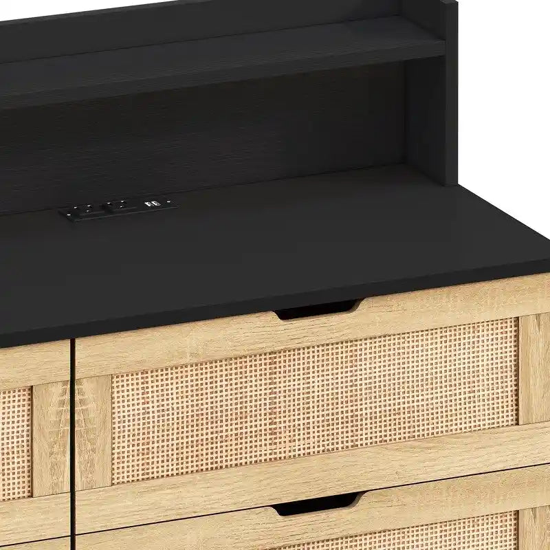 Buffet 6 tiroirs en rotin avec lumières LED et prise de courant – Blanc / Noir / Chêne