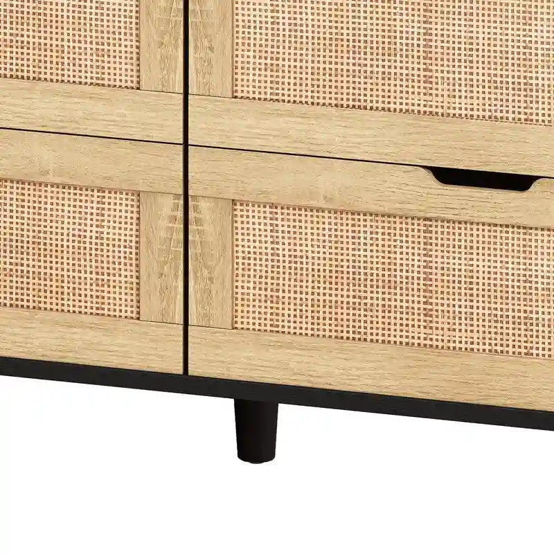 Buffet 6 tiroirs en rotin avec lumières LED et prise de courant – Blanc / Noir / Chêne