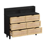 Buffet 6 tiroirs en rotin avec lumières LED et prise de courant – Blanc / Noir / Chêne