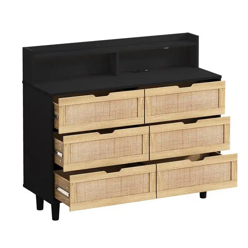 Buffet 6 tiroirs en rotin avec lumières LED et prise de courant – Blanc / Noir / Chêne