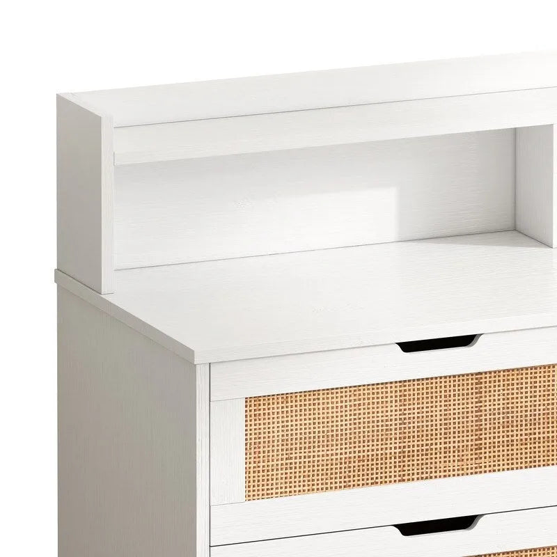 Buffet 6 tiroirs en rotin avec lumières LED et prise de courant – Blanc / Noir / Chêne