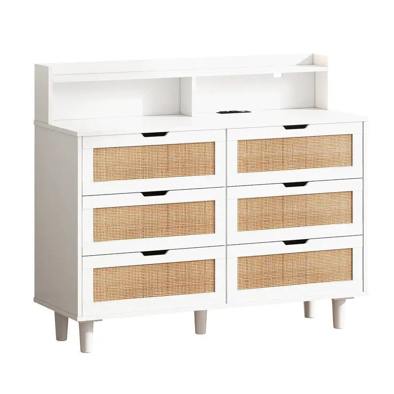 Buffet 6 tiroirs en rotin avec lumières LED et prise de courant – Blanc / Noir / Chêne