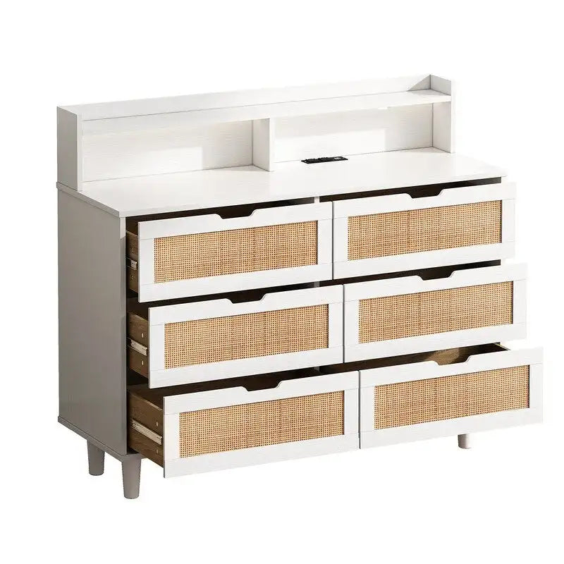Buffet 6 tiroirs en rotin avec lumières LED et prise de courant – Blanc / Noir / Chêne
