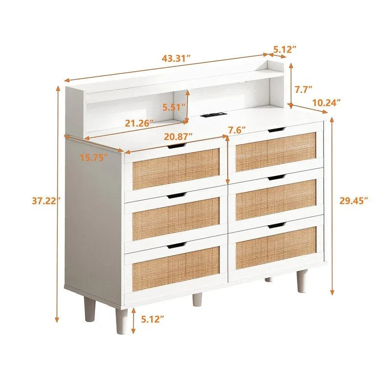 Buffet 6 tiroirs en rotin avec lumières LED et prise de courant – Blanc / Noir / Chêne