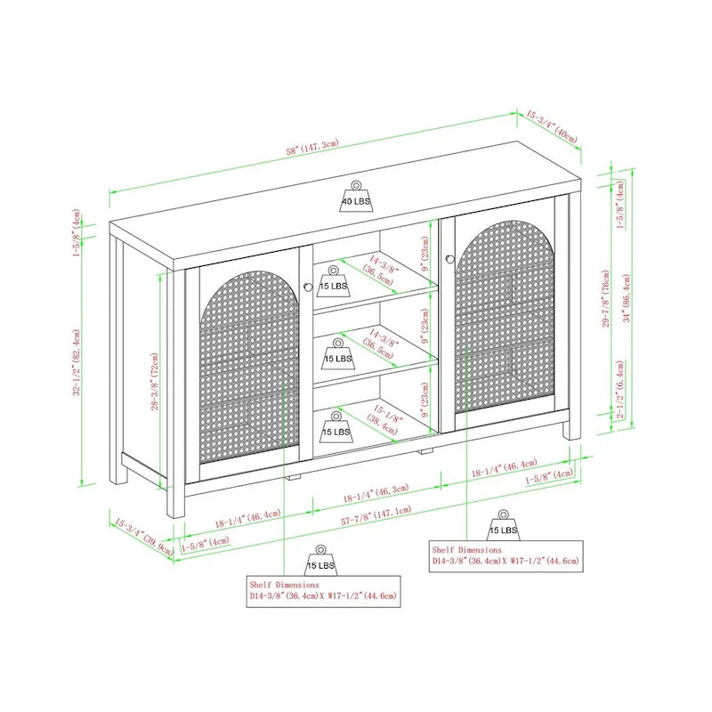Buffet 2 portes avec panneaux en rotin arqué – Marron / Noir