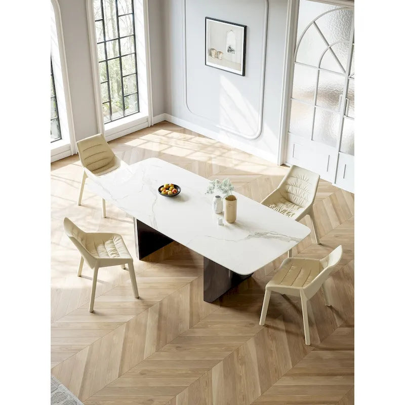 Table à manger rectangulaire en pierre frittée blanche avec double piètement piédestal noir – 6 personnes