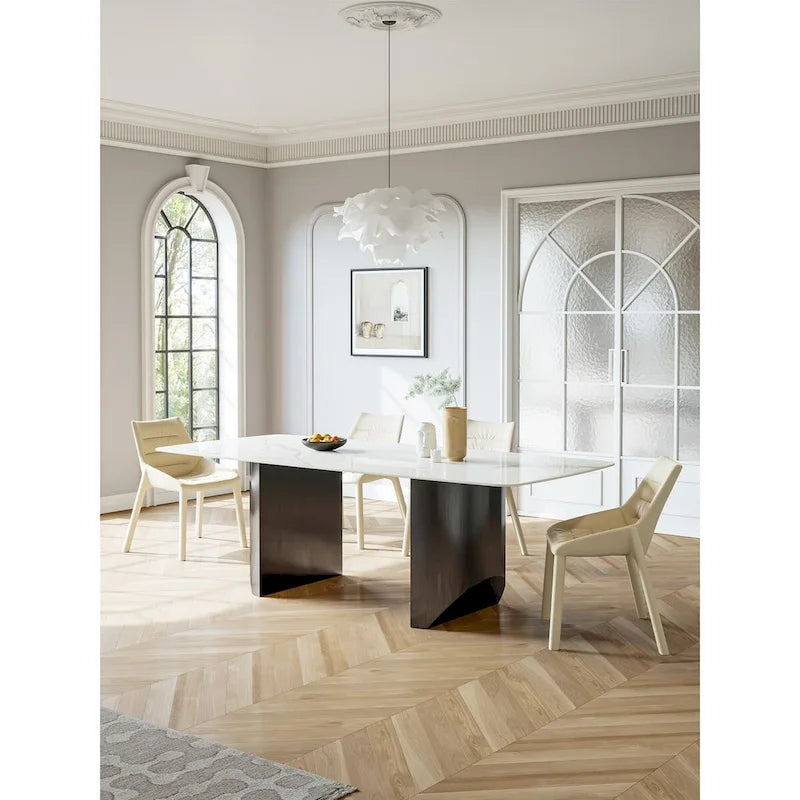 Table à manger rectangulaire en pierre frittée blanche avec double piètement piédestal noir – 6 personnes