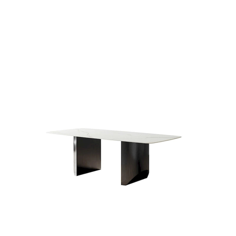 Table à manger rectangulaire en pierre frittée blanche avec double piètement piédestal noir – 6 personnes