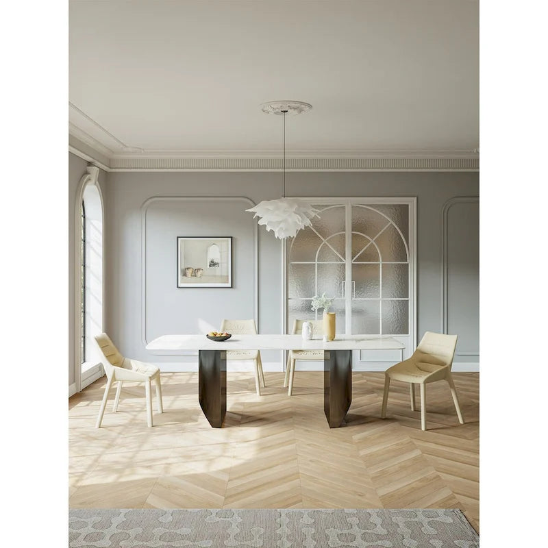 Table à manger rectangulaire en pierre frittée blanche avec double piètement piédestal noir – 6 personnes