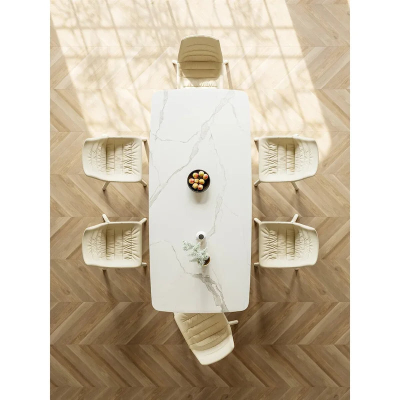 Table à manger rectangulaire en pierre frittée blanche avec double piètement piédestal noir – 6 personnes