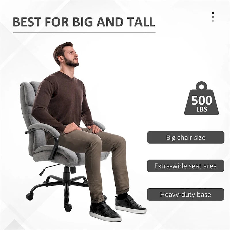 Fauteuil de bureau ergonomique grand et large en tissu effet lin gris avec siège large et fonction d'inclinaison – 1 personne