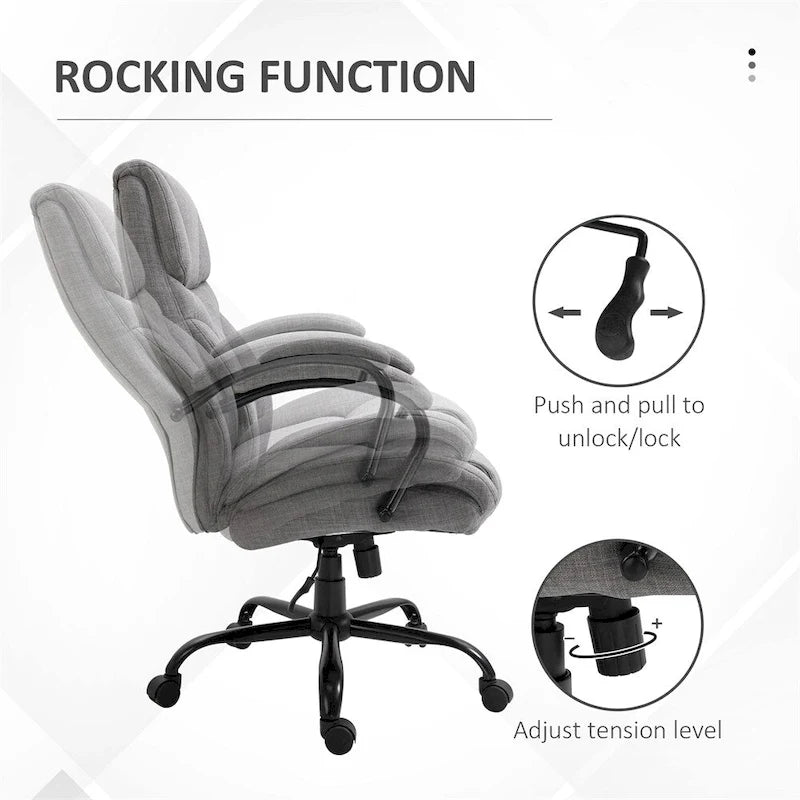 Fauteuil de bureau ergonomique grand et large en tissu effet lin gris avec siège large et fonction d'inclinaison – 1 personne