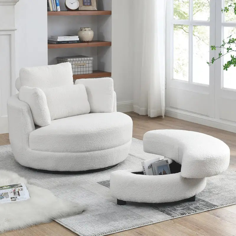 Fauteuil rond pivotant oversized en tissu bouclette ivoire/gris avec pouf de rangement et 4 oreillers – 1 place