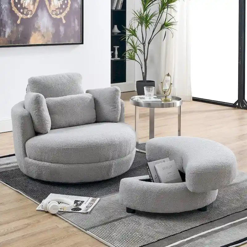 Fauteuil rond pivotant oversized en tissu bouclette ivoire/gris avec pouf de rangement et 4 oreillers – 1 place