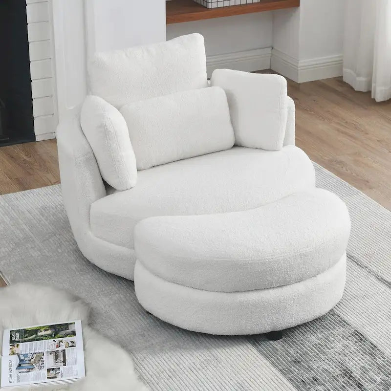 Fauteuil rond pivotant oversized en tissu bouclette ivoire/gris avec pouf de rangement et 4 oreillers – 1 place