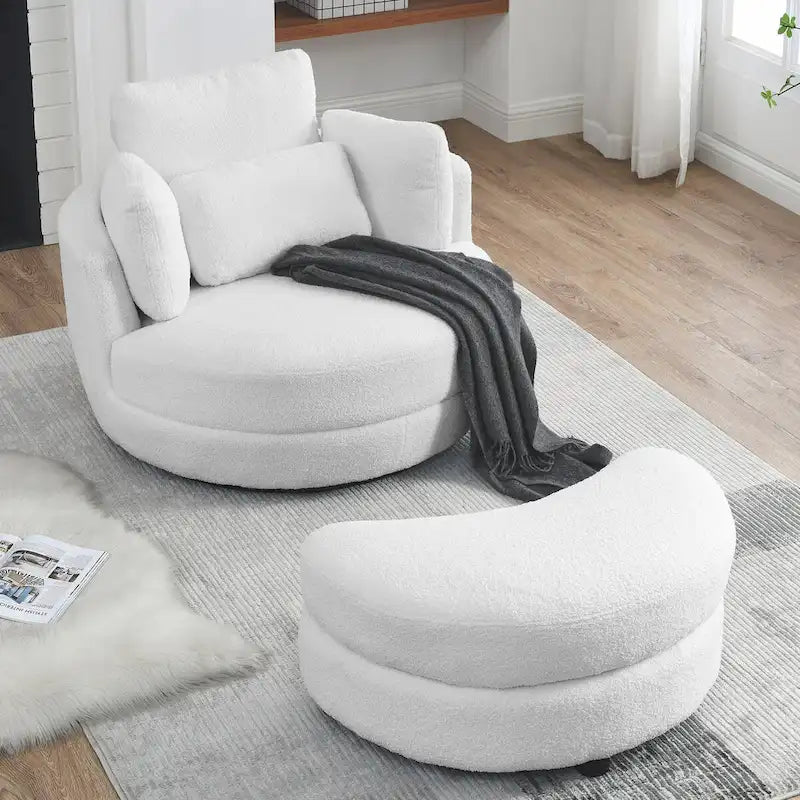 Fauteuil rond pivotant oversized en tissu bouclette ivoire/gris avec pouf de rangement et 4 oreillers – 1 place