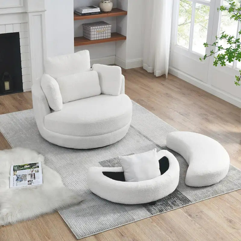 Fauteuil rond pivotant oversized en tissu bouclette ivoire/gris avec pouf de rangement et 4 oreillers – 1 place