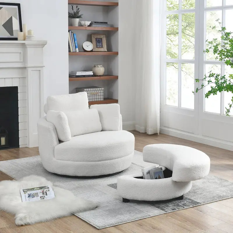 Fauteuil rond pivotant oversized en tissu bouclette ivoire/gris avec pouf de rangement et 4 oreillers – 1 place