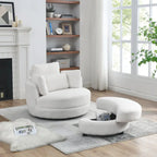 Fauteuil rond pivotant oversized en tissu bouclette ivoire/gris avec pouf de rangement et 4 oreillers – 1 place