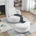 Fauteuil rond pivotant oversized en tissu bouclette ivoire/gris avec pouf de rangement et 4 oreillers – 1 place