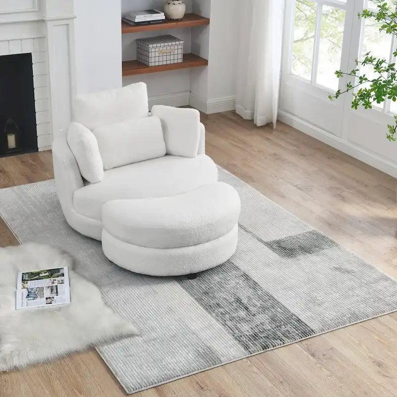 Fauteuil rond pivotant oversized en tissu bouclette ivoire/gris avec pouf de rangement et 4 oreillers – 1 place