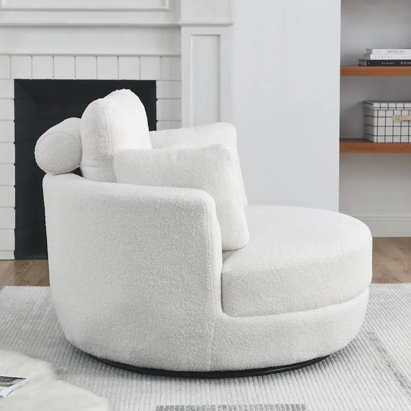 Fauteuil rond pivotant oversized en tissu bouclette ivoire/gris avec pouf de rangement et 4 oreillers – 1 place