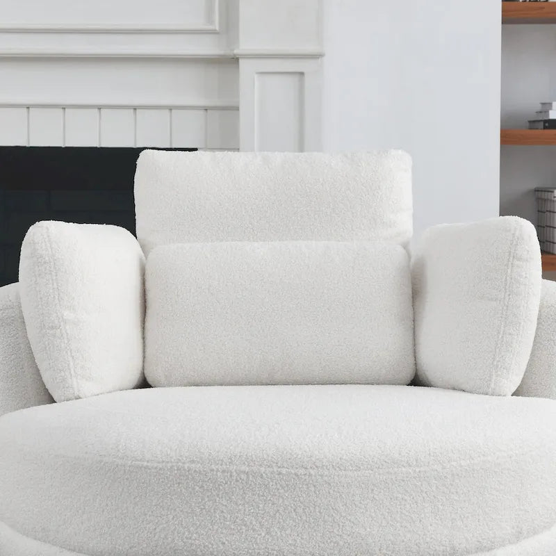 Fauteuil rond pivotant oversized en tissu bouclette ivoire/gris avec pouf de rangement et 4 oreillers – 1 place