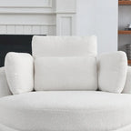 Fauteuil rond pivotant oversized en tissu bouclette ivoire/gris avec pouf de rangement et 4 oreillers – 1 place