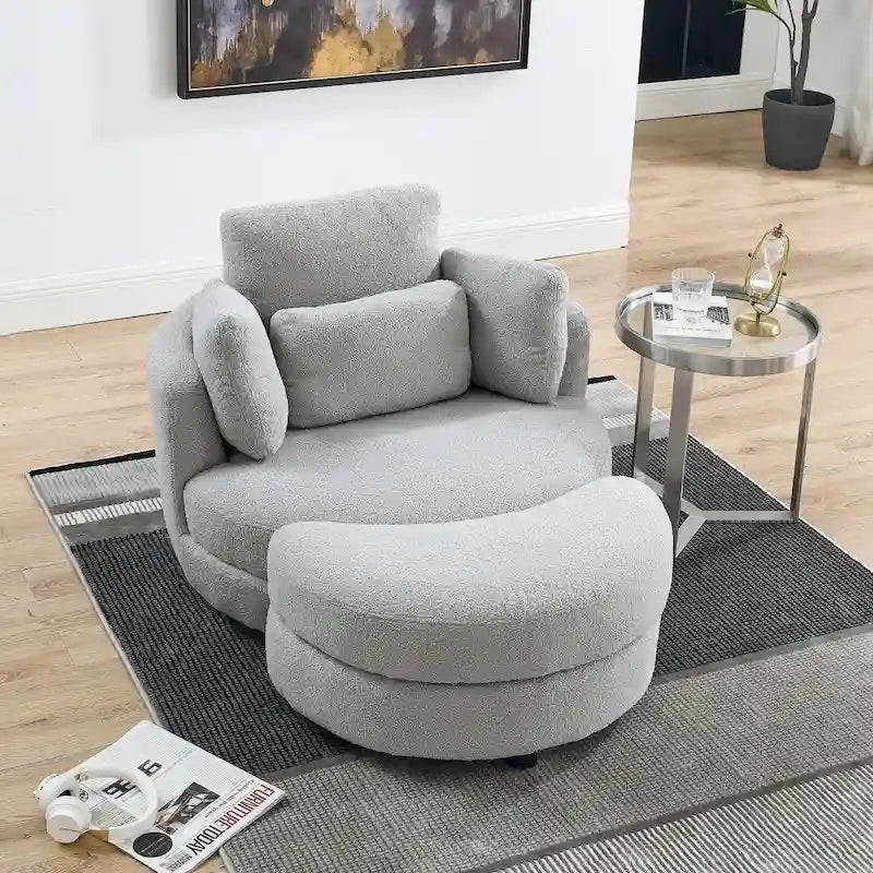 Fauteuil rond pivotant oversized en tissu bouclette ivoire/gris avec pouf de rangement et 4 oreillers – 1 place
