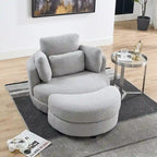 Fauteuil rond pivotant oversized en tissu bouclette ivoire/gris avec pouf de rangement et 4 oreillers – 1 place