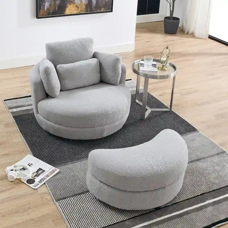 Fauteuil rond pivotant oversized en tissu bouclette ivoire/gris avec pouf de rangement et 4 oreillers – 1 place