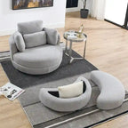 Fauteuil rond pivotant oversized en tissu bouclette ivoire/gris avec pouf de rangement et 4 oreillers – 1 place