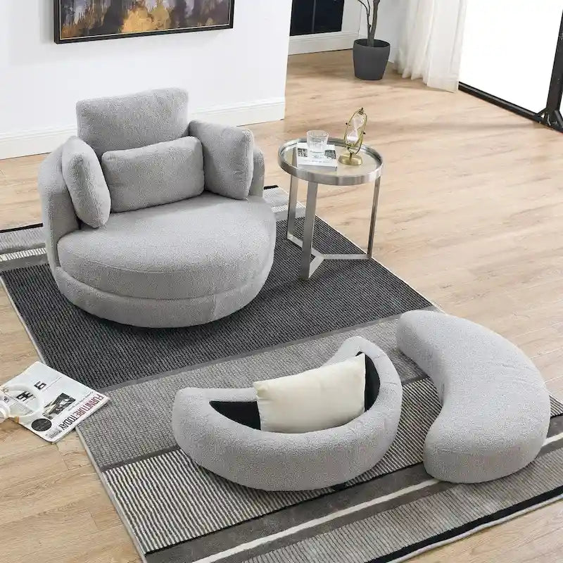 Fauteuil rond pivotant oversized en tissu bouclette ivoire/gris avec pouf de rangement et 4 oreillers – 1 place