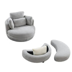 Fauteuil rond pivotant oversized en tissu bouclette ivoire/gris avec pouf de rangement et 4 oreillers – 1 place
