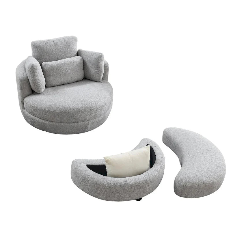 Fauteuil rond pivotant oversized en tissu bouclette ivoire/gris avec pouf de rangement et 4 oreillers – 1 place
