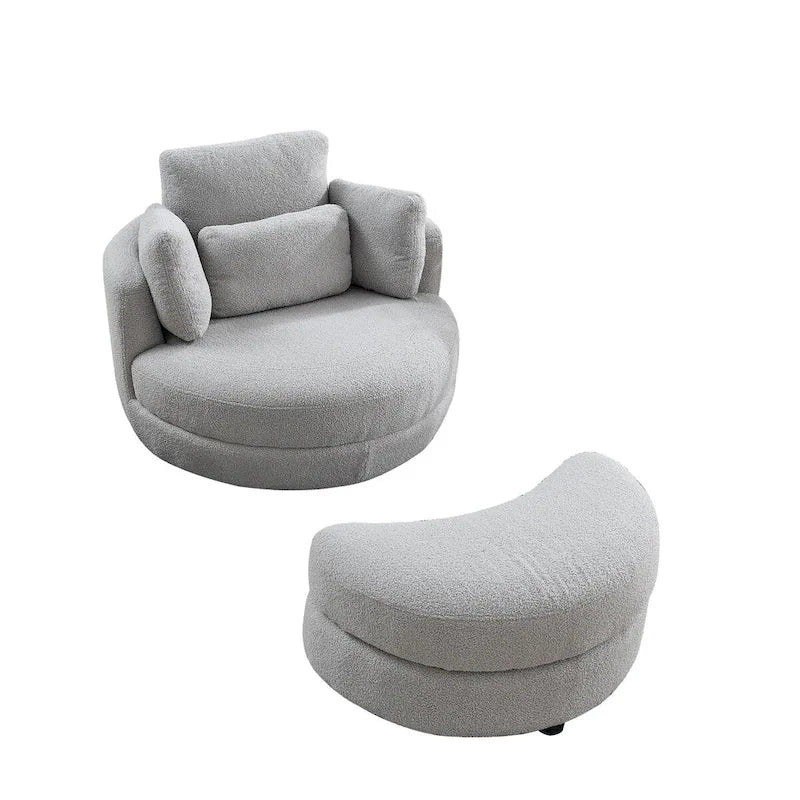 Fauteuil rond pivotant oversized en tissu bouclette ivoire/gris avec pouf de rangement et 4 oreillers – 1 place