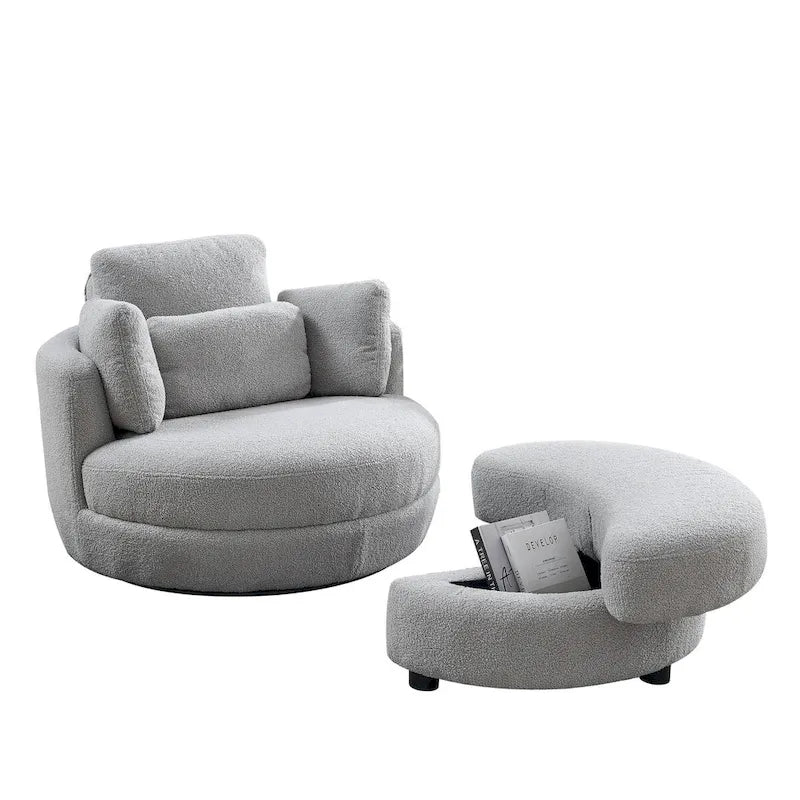 Fauteuil rond pivotant oversized en tissu bouclette ivoire/gris avec pouf de rangement et 4 oreillers – 1 place