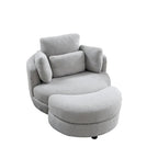 Fauteuil rond pivotant oversized en tissu bouclette ivoire/gris avec pouf de rangement et 4 oreillers – 1 place
