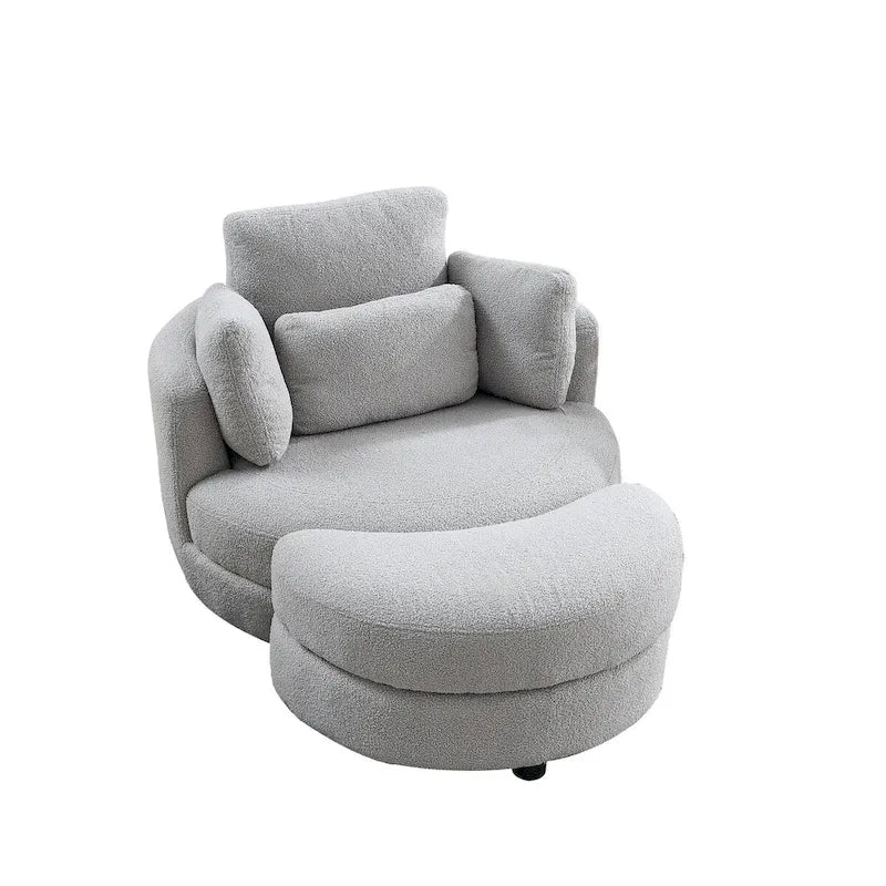Fauteuil rond pivotant oversized en tissu bouclette ivoire/gris avec pouf de rangement et 4 oreillers – 1 place