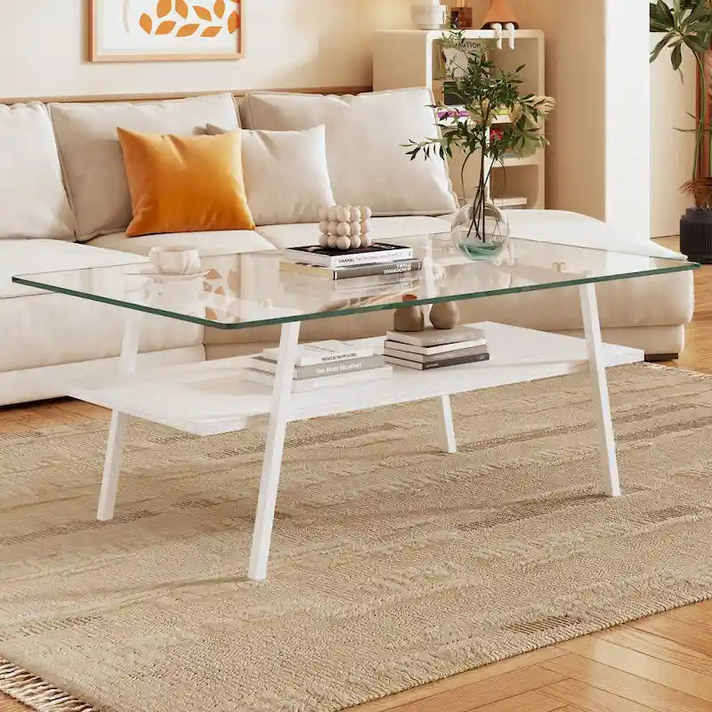 Table basse rectangulaire en verre trempé transparent avec pieds en métal blanc – Unique