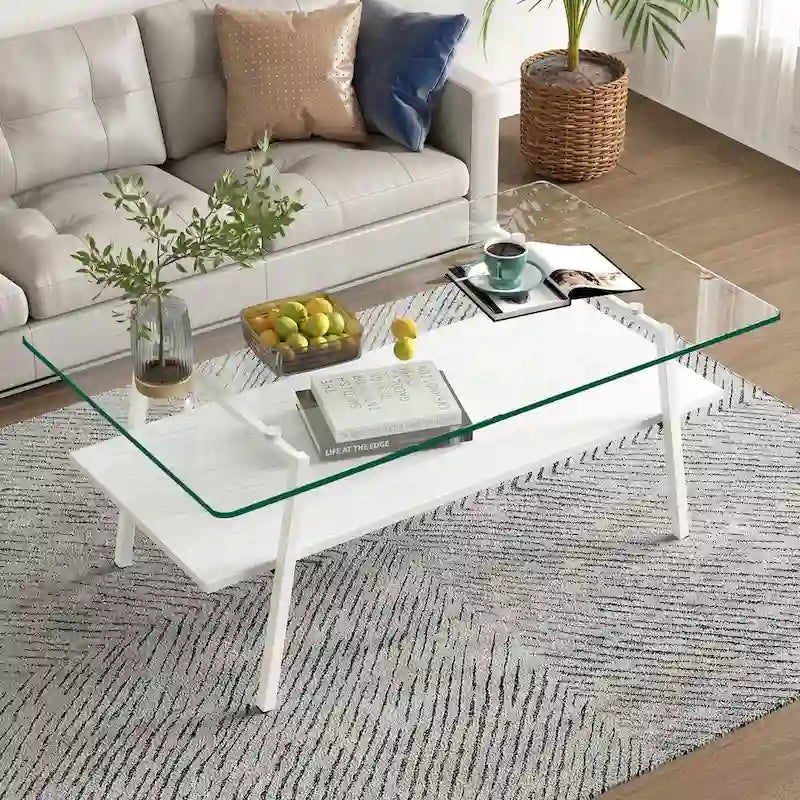 Table basse rectangulaire en verre trempé transparent avec pieds en métal blanc – Unique