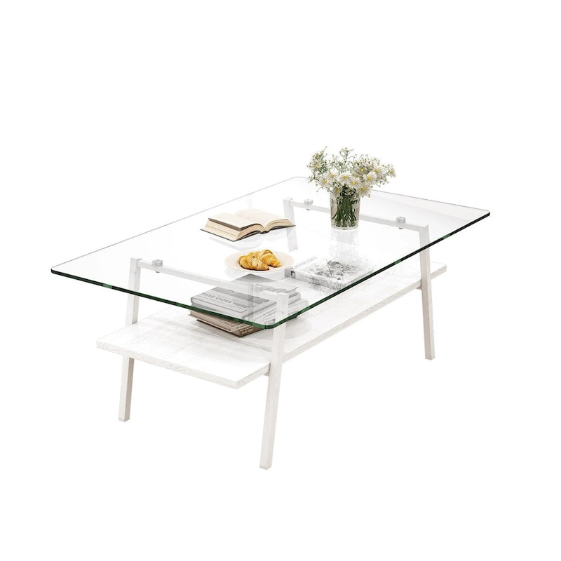 Table basse rectangulaire en verre trempé transparent avec pieds en métal blanc – Unique