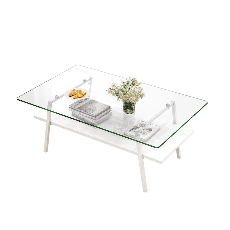 Table basse rectangulaire en verre trempé transparent avec pieds en métal blanc – Unique